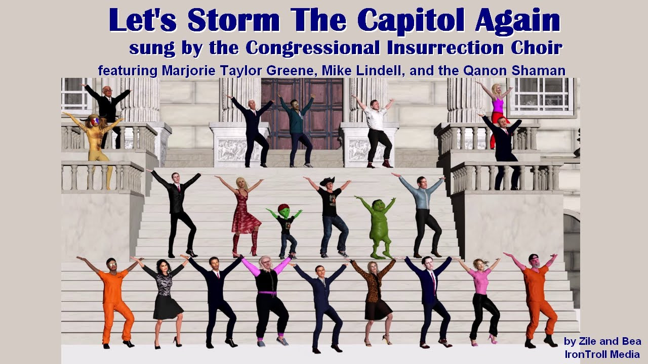 Group of 3d avatar Trump cronies singing an dancing on the Capitol Steps