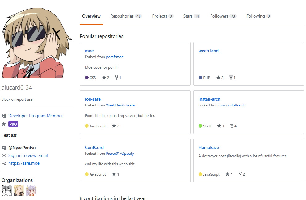 Another Monster Mistake; Alucard0134 And Epik 2 The github user profile for alucard0134 on a coding platform. The profile picture is an anime character wearing sunglasses and striking a confident pose. The profile shows an overview, listing 48 repositories, 0 projects, 14 stars, 73 followers, and 0 following. The account is a Developer Program Member PRO. The bio states