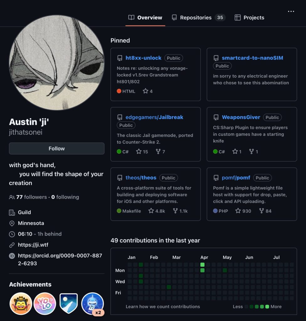 Another Monster Mistake; Alucard0134 And Epik 3 A screenshot of a GitHub profile belonging to user Austin 'ji' jithatsonei. The profile shows an anime-style avatar and the text